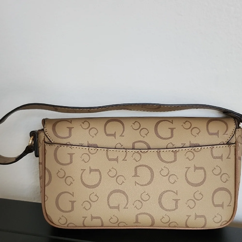 GUESS Y2K Logo Baguette Bag Brown Monogram Shoulder Purse Gold Hardware - Picture 3 of 14